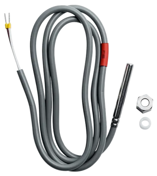 Temperatursensor mit zwei Drähten, einer metallischen Sonde und Klemmring. Geeignet für Anwendungen bei Wolf Heizsystemen.